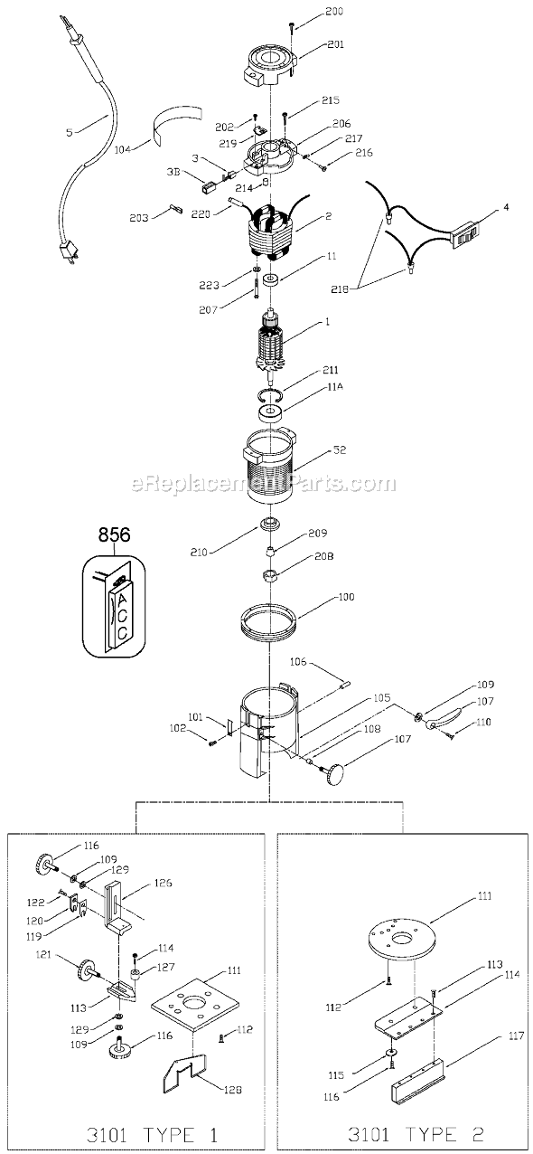 Page A Diagram and Parts List for Type 1 Porter Cable Laminate Trimmer